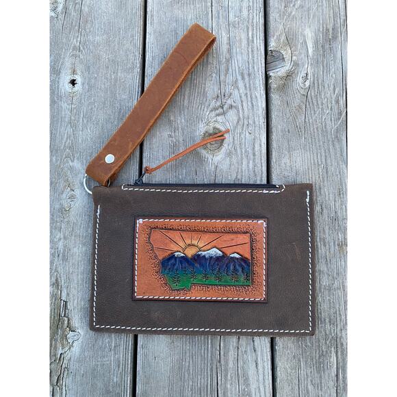 Handmade one of a kind leather wristlet wallet Montana state outline great gift! - Picture 1 of 3